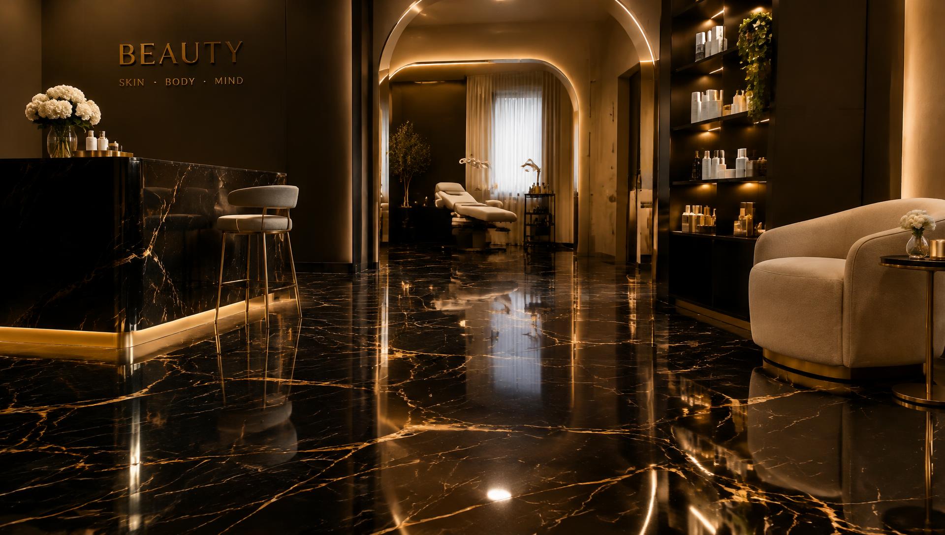 Glossy black and gold marbled floor